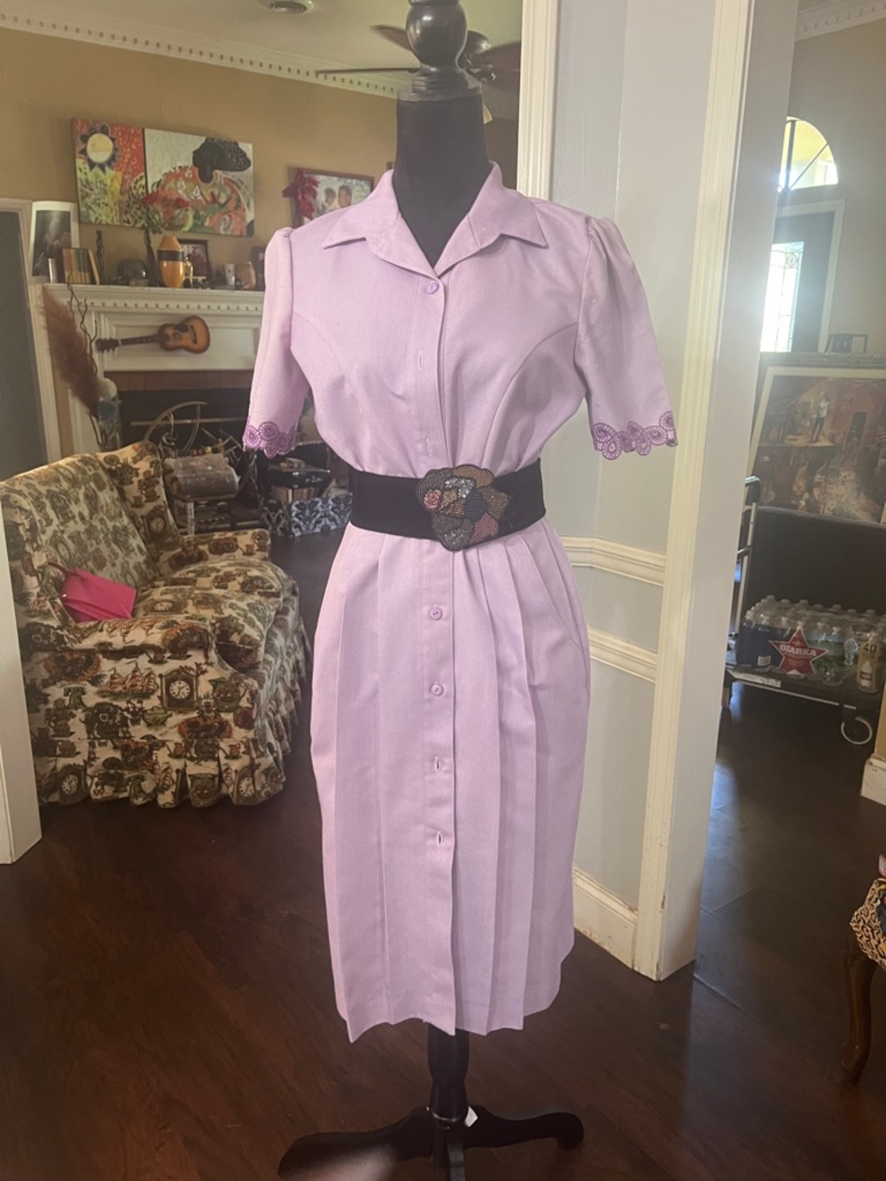 Source Unknown Lavender Button-Front Midi Dress with Embroidered Sleeve Trim